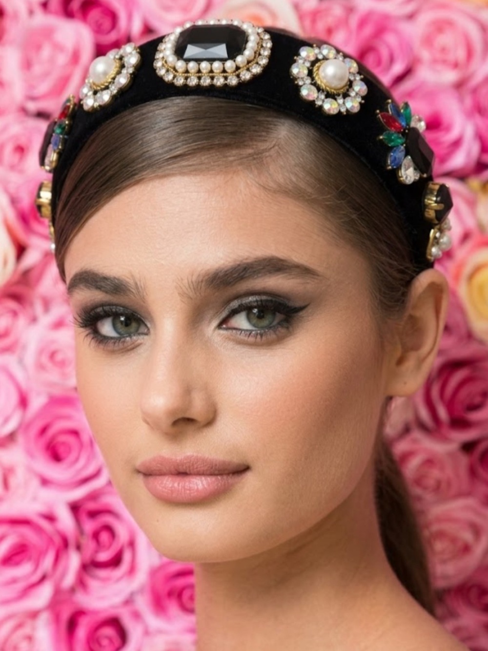 Black Velvet Jeweled Headband with Pearl and Gem Accents